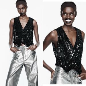 NET Zara Black Vest Sequin Velvet Bloggers Favorite Size S